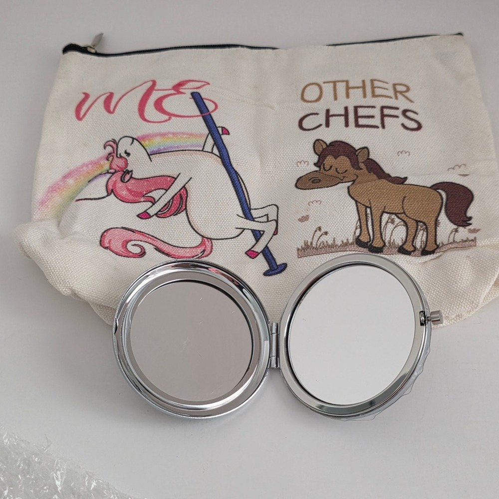 Funny Chef Gift Set Unicorn vs Other Chefs Canvas Pouch and Compact Mirror